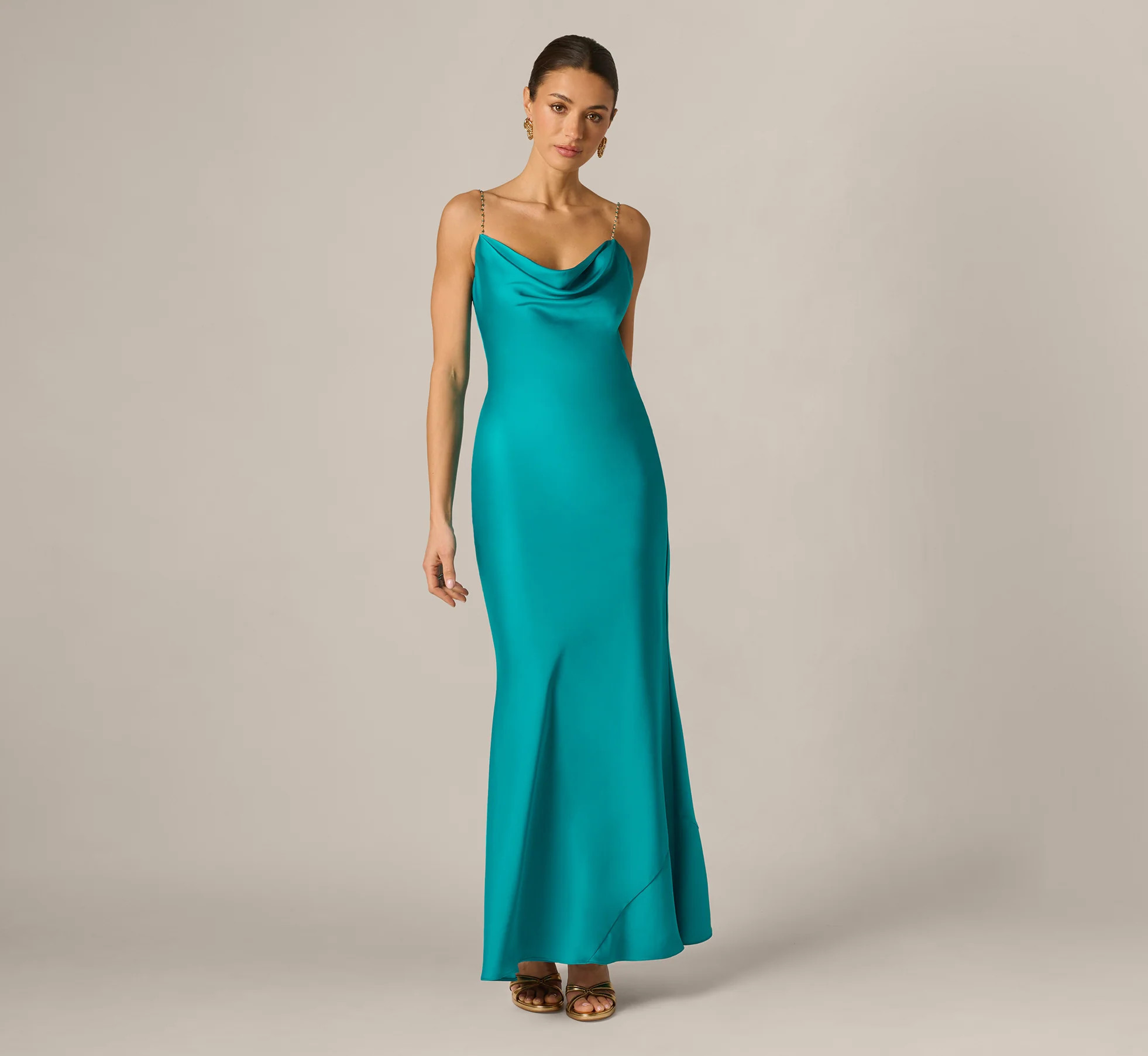 Stretch Satin Cross Back Cowl Neck Gown In Turquoise | Adrianna Papell