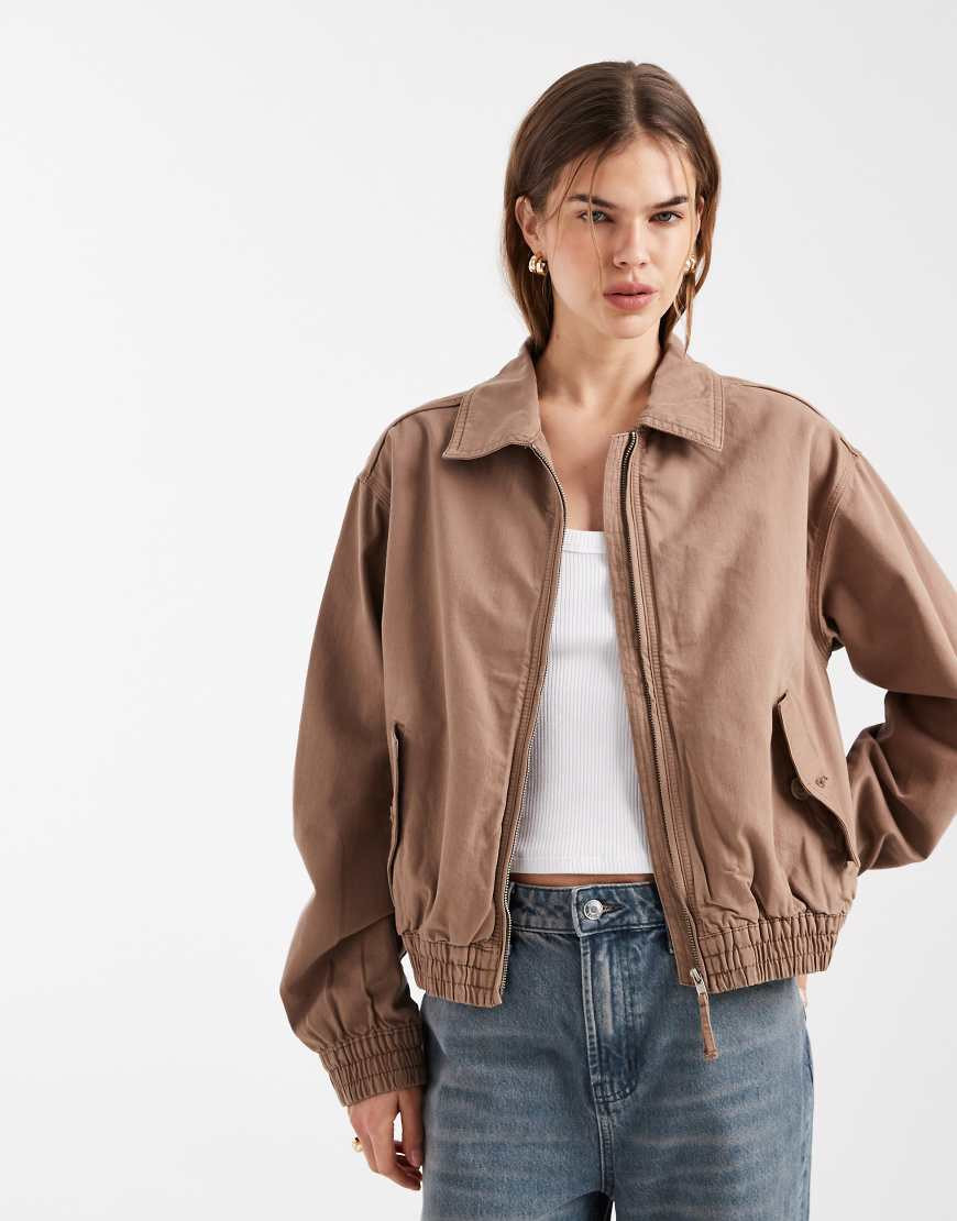 ASOS DESIGN washed cotton bomber jacket in brown | ASOS (Global)
