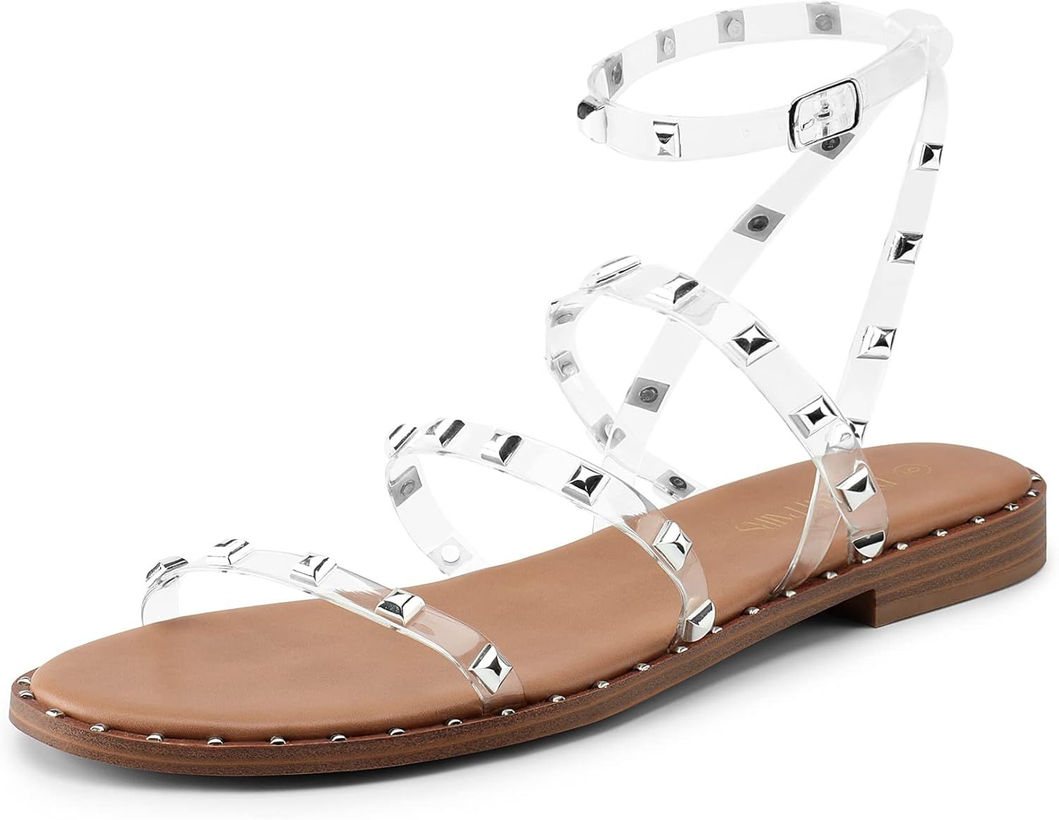 DREAM PAIRS Women's Clear Studded Pearl Gladiator Strappy Flat Sandals | Amazon (US)