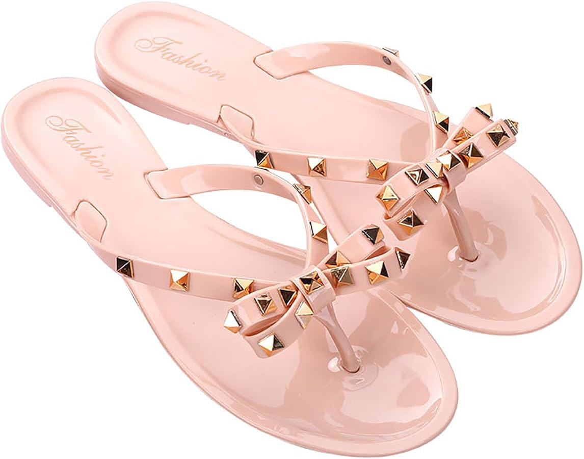 Women's Studded Bow Jelly Flat Flip Flops Fashion Comfort Open Round Toe Slip On Thong Slipper Sa... | Amazon (US)