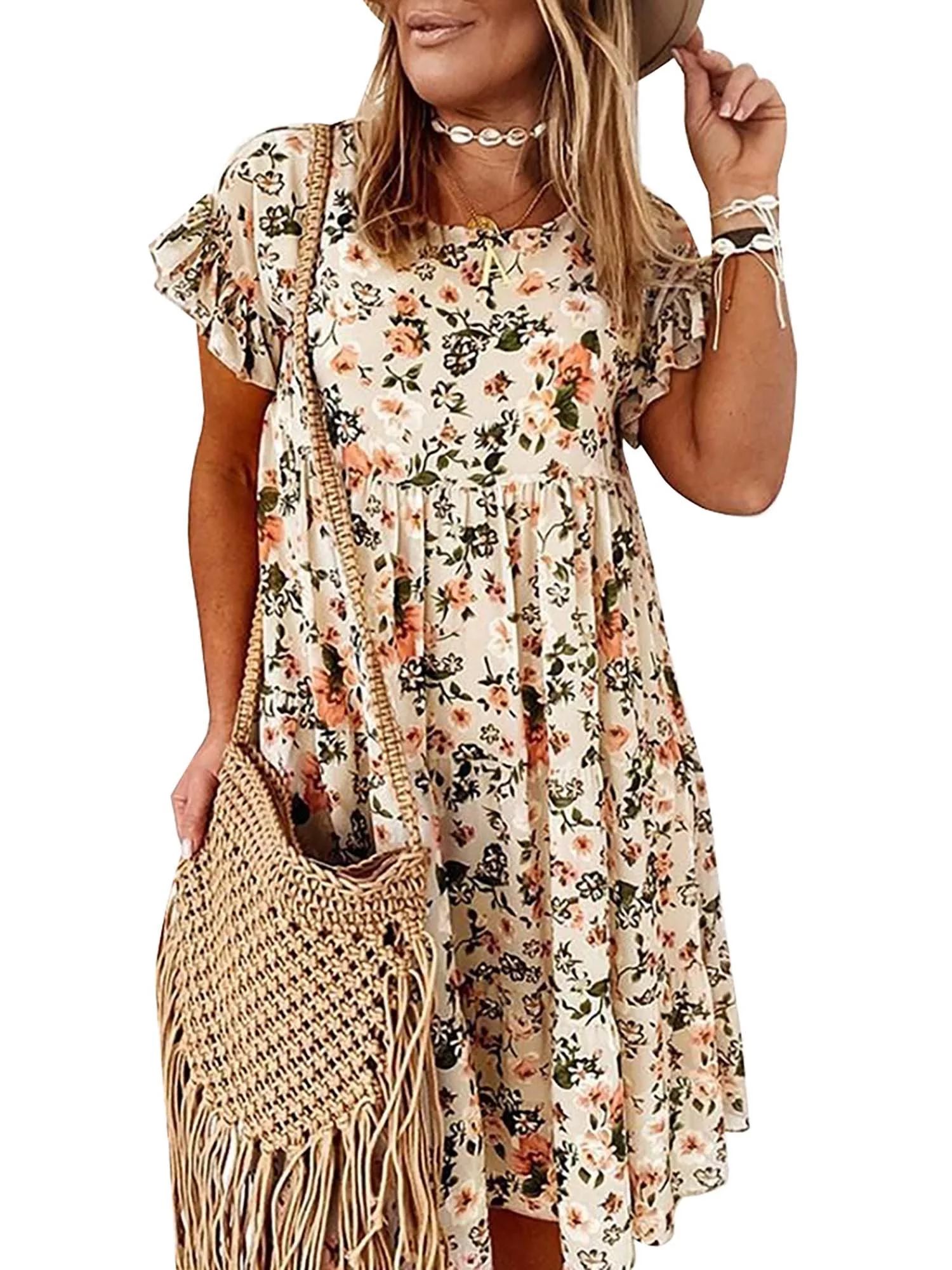 Summer Lady Ruffle Mini A Line Dress New Floral Print Dresses Women Casual O Neck Elegant Butterf... | Walmart (US)