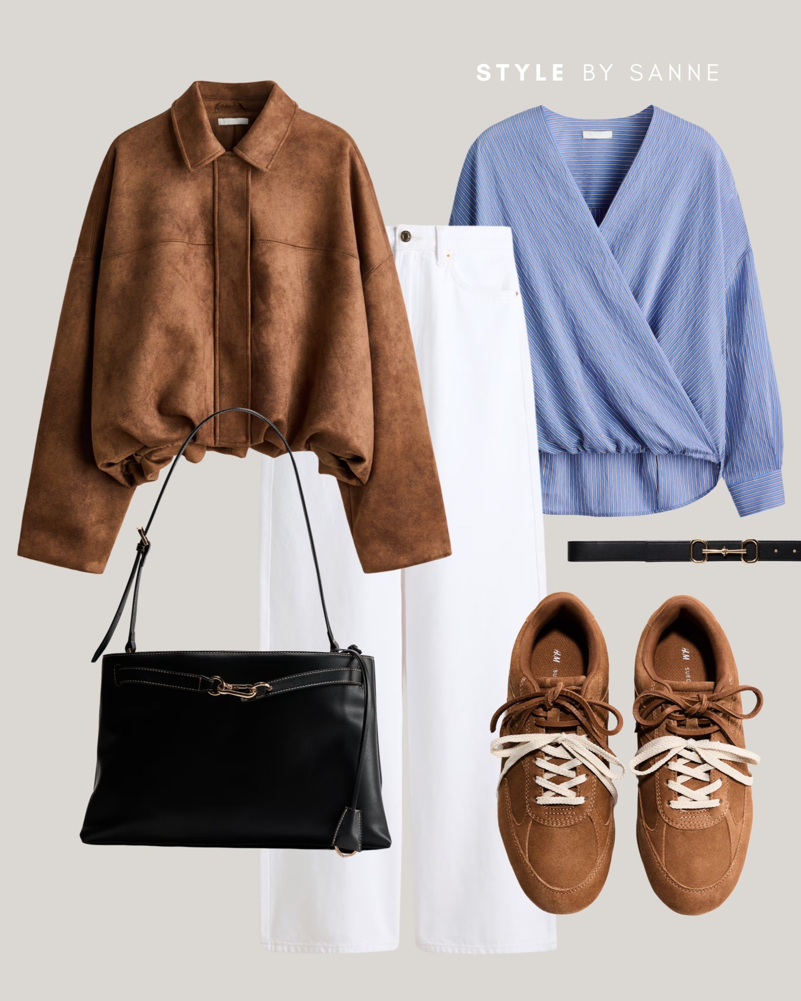 Rich suede brown paired with crisp white trousers creates a bold yet balanced base, elevated with a soft blue wrap blouse for contrast. Finished with a sleek black bag and matching sneakers for a modern, effortless look.💙

#LTKootd #LTKWorkwear #LTKSeasonal