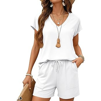LOMON 2 Piece Short Sets for Women 2026 Spring Summer Lounge Outfits Sets Short Sleeve Trendy Cas... | Amazon (US)