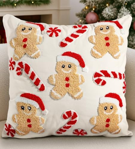 Christmas Pillow Cover 18x18 Inch - Embroidered Gingerbread Men Canes Throw Pillow Case Soft Soft... | Amazon (US)