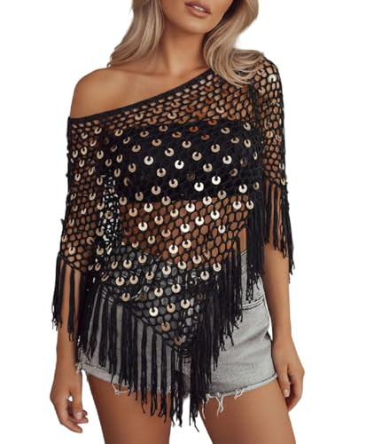 Women Y2k Sequin Poncho Top Knit Crochet Shrug Shawl Bolero Hollow Out Tassels Cover Ups Pullover (Sequin black, ONE SIZE) | Amazon (US)