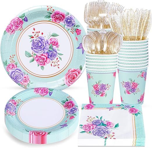 Atonofun Floral Party Supplies Serves 24, Bridal Shower Plates, Disposable Floral Plates and Napk... | Amazon (US)