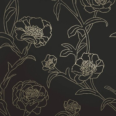 Tempaper & Co. 56 sq ft Peonies Peel and Stick Wallpaper Black/Metallic Gold | Target