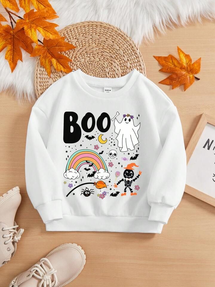 Young Girl Letter & Halloween Print Thermal Pullover | SHEIN