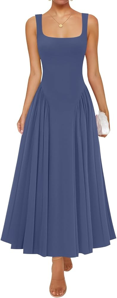 ZESICA Womens 2026 Summer Sleeveless Square Neck Sundress Casual Long Flowy A Line Beach Vacation... | Amazon (US)