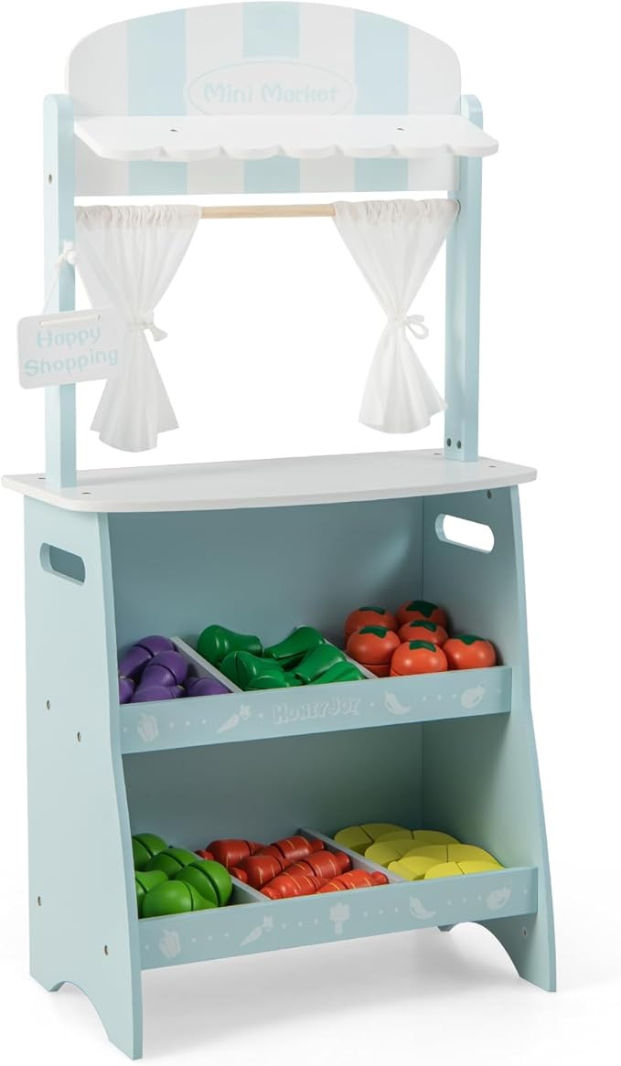 Costzon Kids Wooden Grocery Store Set, Pretend Farmer’s Market Stand w/ 36 Cutting Vegetables &... | Amazon (US)