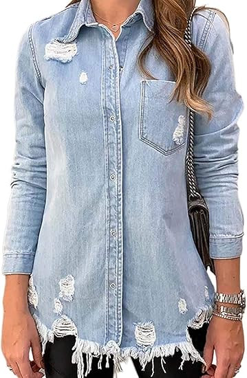 Sidefeel Women Long Sleeve Button Denim Jacket Distressed Ripped Jean Coat | Amazon (US)