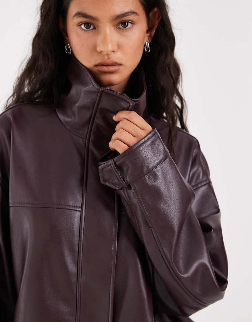 ASOS DESIGN leather look funnel neck bomber jacket in chocolate plum-Brown | ASOS (Global)