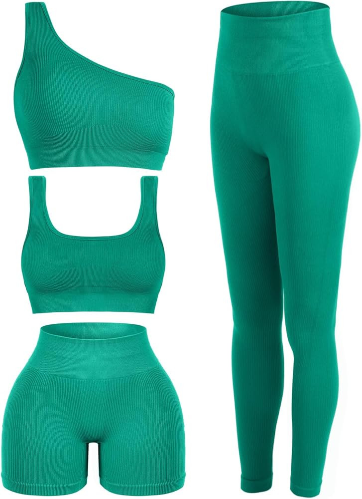 4 Pcs Women's Workout Sets Pilates Exercise Outfit Ribbed Scoop Neck Sports Bra Shorts Leggings G... | Amazon (US)