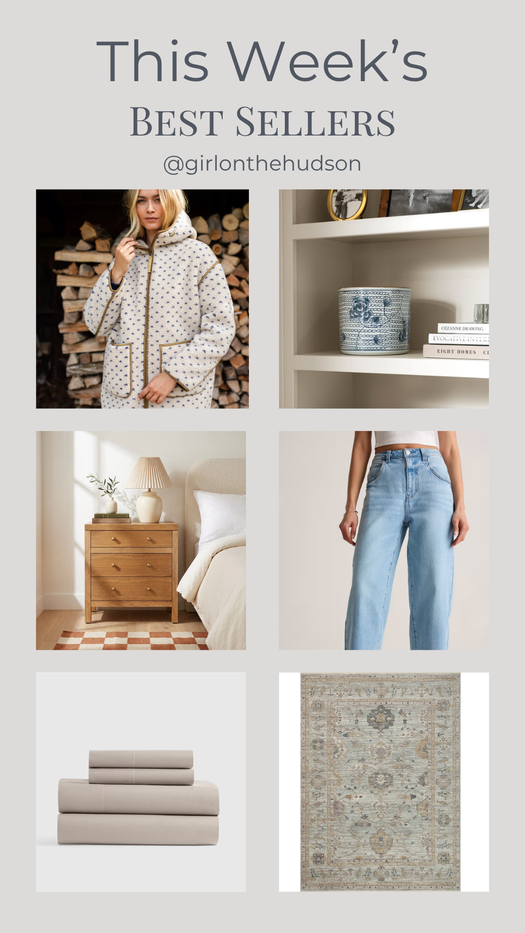 This week's best sellers! The $50 barrel jeans that look great on everyone, our favorite bedroom rug, the hooded sherpa jacket that is SO COZY, my go-to cotton sheets, an affordable bedside, and the blue and white vase that's been out of stock forever but is finally available for pre-order!  

 #LTKootd #LTKSeasonal #LTKHome