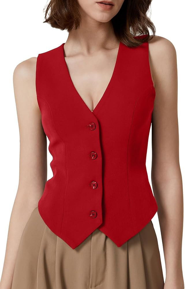 QINSEN Womens V Neck Vest Top Sleeveless Button Down Fully Lined Solid Going Out Crop Tops | Amazon (US)
