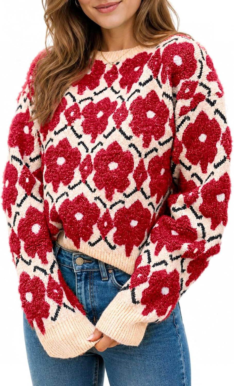 Saodimallsu Womens Floral Sweater Crewneck Long Sleeve Oversized Knit Casual Cute Fall Winter Pullover Sweaters | Amazon (US)