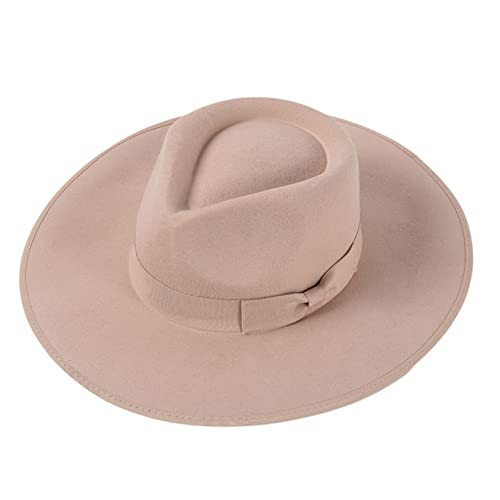 Elegant Fedora for Women Wool Felt Panama Hat Flat Top Pork Pie Big Wide Brim Hat Body Adjustable Beige | Amazon (US)
