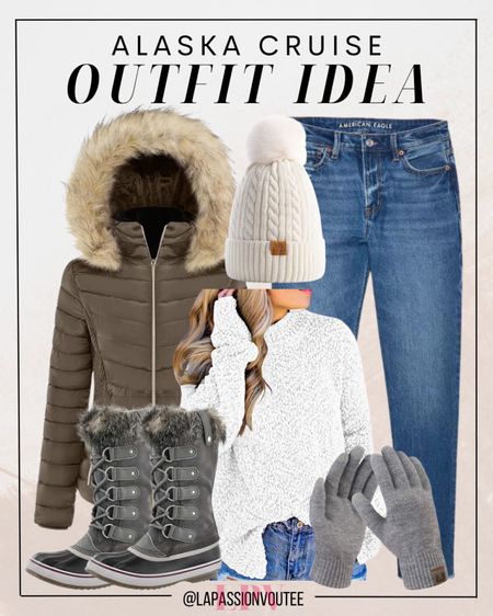 Embrace the Arctic chill in style on your Alaska cruise with this cozy ensemble! Bundle up in a hooded puffer jacket and knitted sweater, paired with classic denim jeans. Don't forget essential accessories like a beanie and gloves, finishing off the look with rugged arctic boots for adventures in ultimate comfort.

#LTKstyletip #LTKSeasonal #LTKtravel