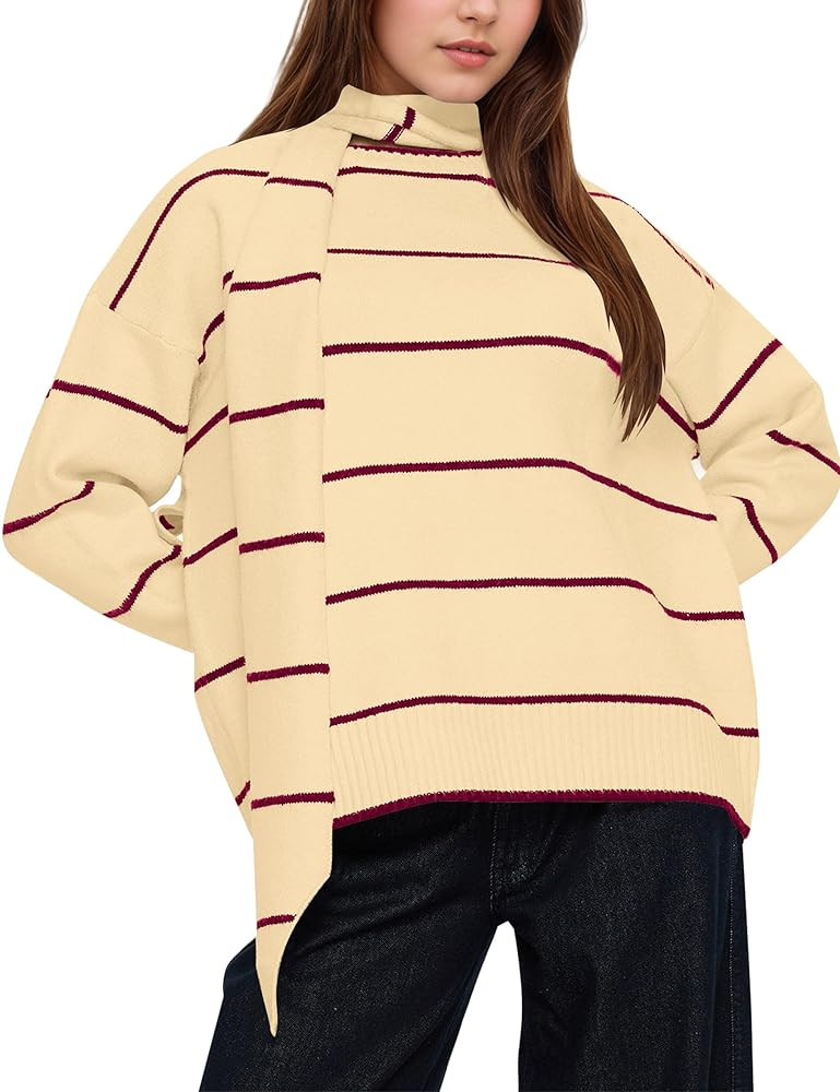 Women Striped Sweater with Scarf Oversized Crew Neck Long Sleeve Knit Pullover Casual Lightweight... | Amazon (US)