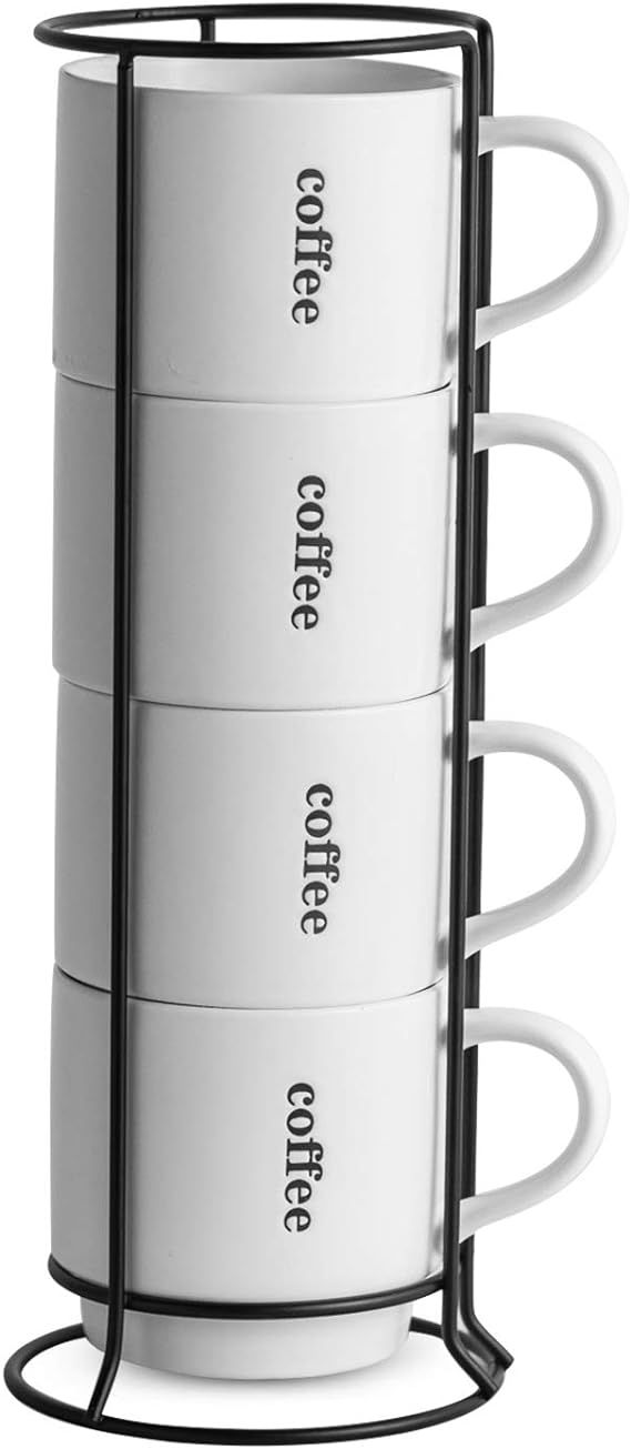Stackable Coffee Mugs with Rack- 15 Ounce for Coffee, Tea, Cocoa, Milk, Set of 4 Matte,White | Amazon (US)