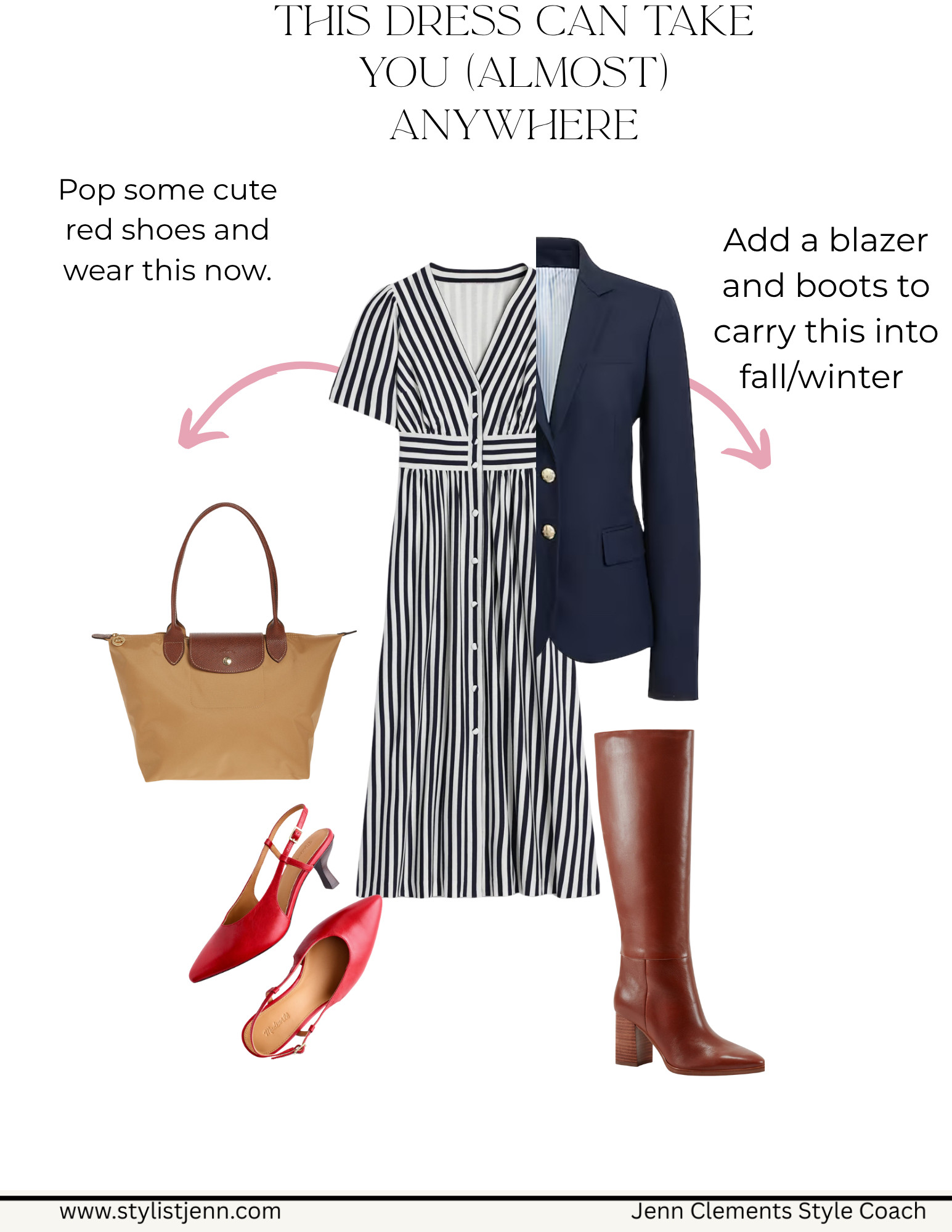 One dress, endless options! This striped midi is perfect for now with a pair of red slingbacks, and just as cute layered with a blazer and boots for fall. The kind of piece that works harder than your iced coffee this season! 

 #LTKOver40 #LTKStyleTip #LTKWorkwear