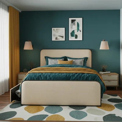 King Upholstered Storage Bed - Modern Beige Metal Frame With Curved Headboard & Footboard, 4 Built-In Drawers, Heavy Duty Slats Support | Wayfair North America