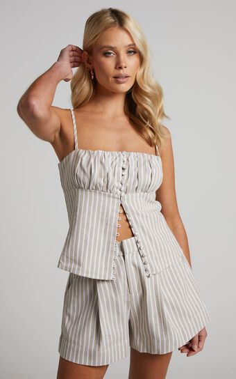 Romlene Top - Ruched Bust Button Through Cami in Natural Stripe | Showpo (US, UK & Europe)