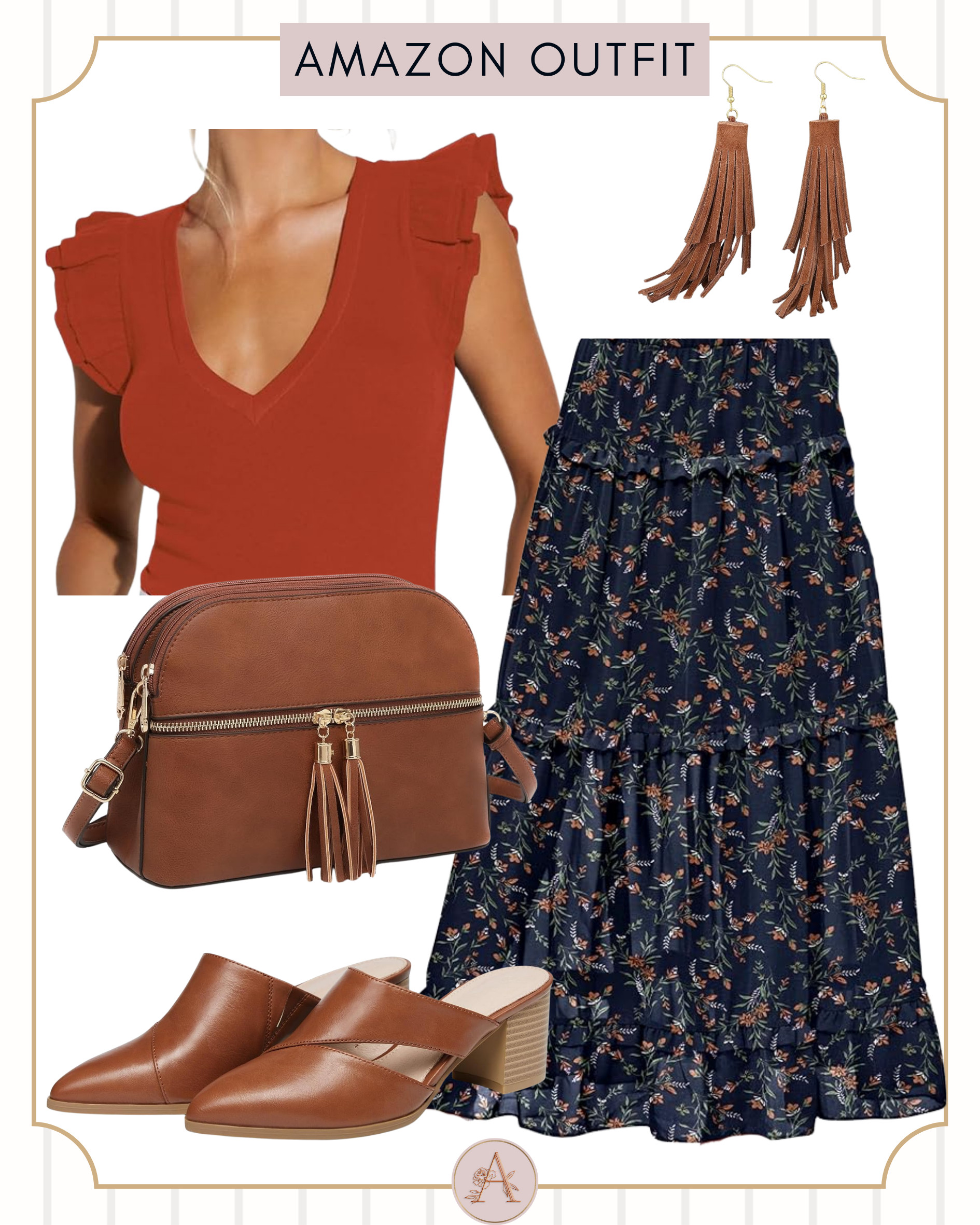 Feminine Amazon fall outfit 🍂 rust top + floral midi skirt — perfect for teachers, brunch, or fall events. 

 #LTKootd #LTKSeasonal #LTKFindsUnder50