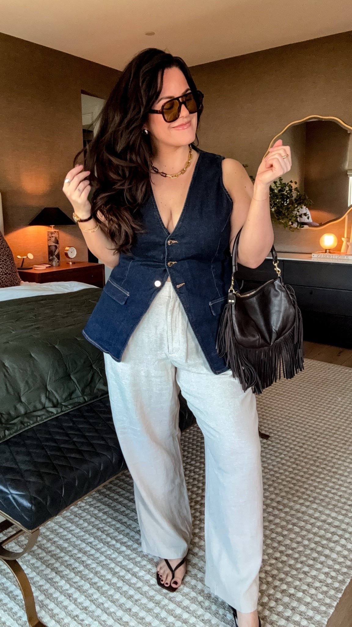 Day 8 of 30 everyday outfit challenge! Denim vest xl Linen trouser xl or 14 Thong kitten heel tts Fringe bag Tinted frame aviators Bra- skims 38DD push-up Undies-spanx undetectable XL Deodorant- neroli and basil new scent I’m trying and obsessed! Bore bristle Brush Perfume- Burberry, Goddess and Commodity, Milk Foundation- Giorgio Armani, luminous silk 5.9 Blush- Rhode, sleepy girl Bronzer- Hourglass, Ambient, luminous bronze light Foundation brush- it cosmetics Brow pencil- GXVE, hella on point Lip gloss- Dior, addict lip maximizer

#LTKStyleTip #LTKSeasonal #LTKMidsize