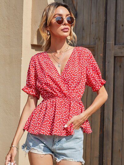 Ditsy Floral Ruffle Hem Surplice Blouse | SHEIN