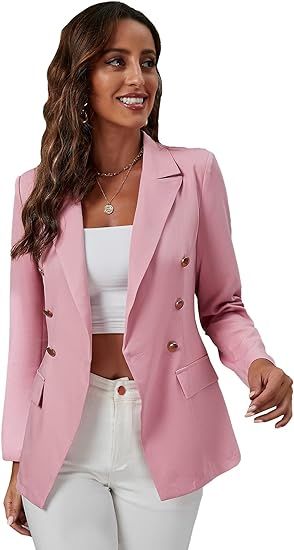 SheIn Women's Lapel Collar Long Sleeve Blazer Double Breasted Button Front Jacket Top | Amazon (US)