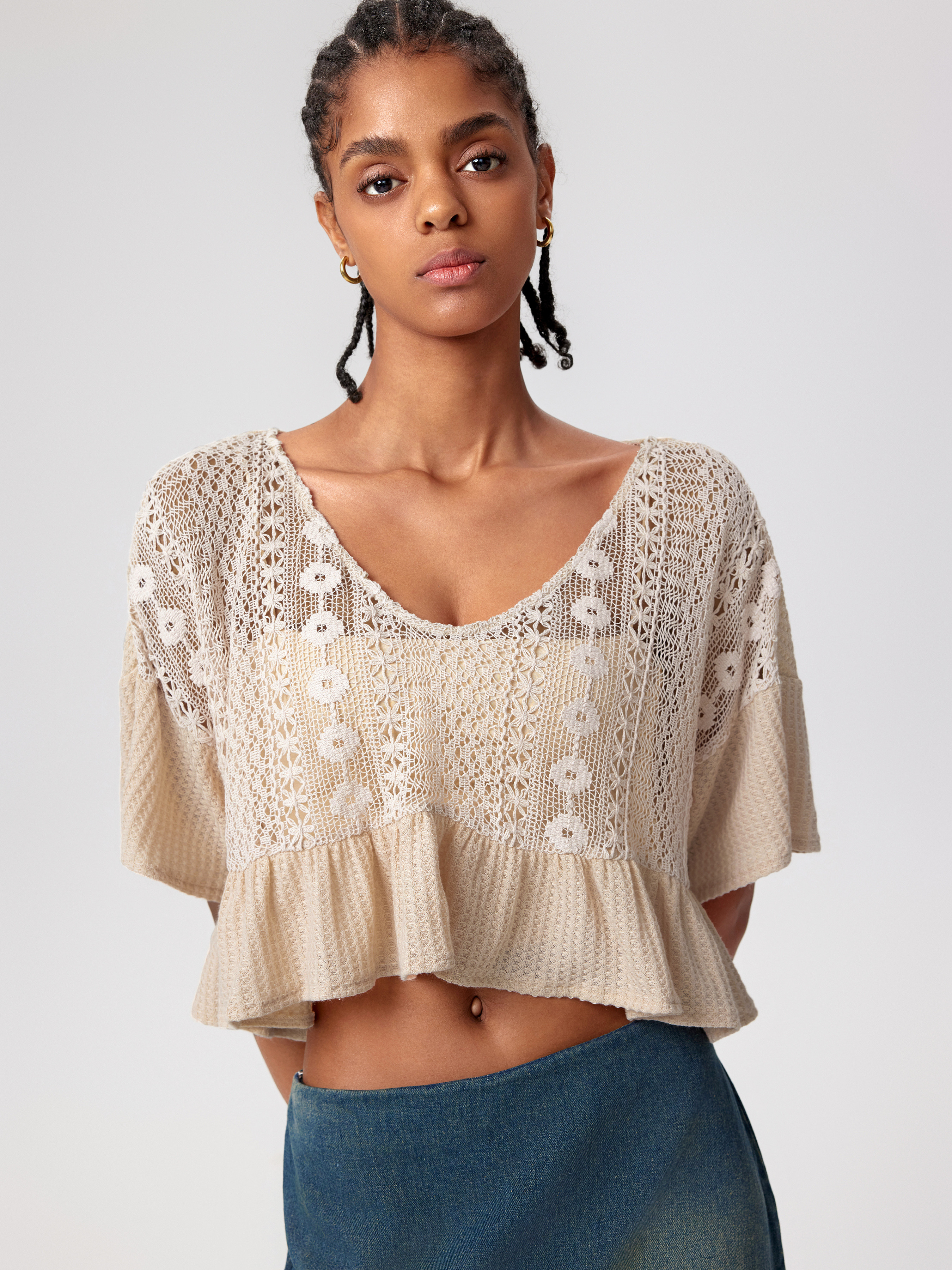 Knit Fabric Hollow Out Ruffle Hem Short Sleeve Top For Daily Casual Vacation | Cider