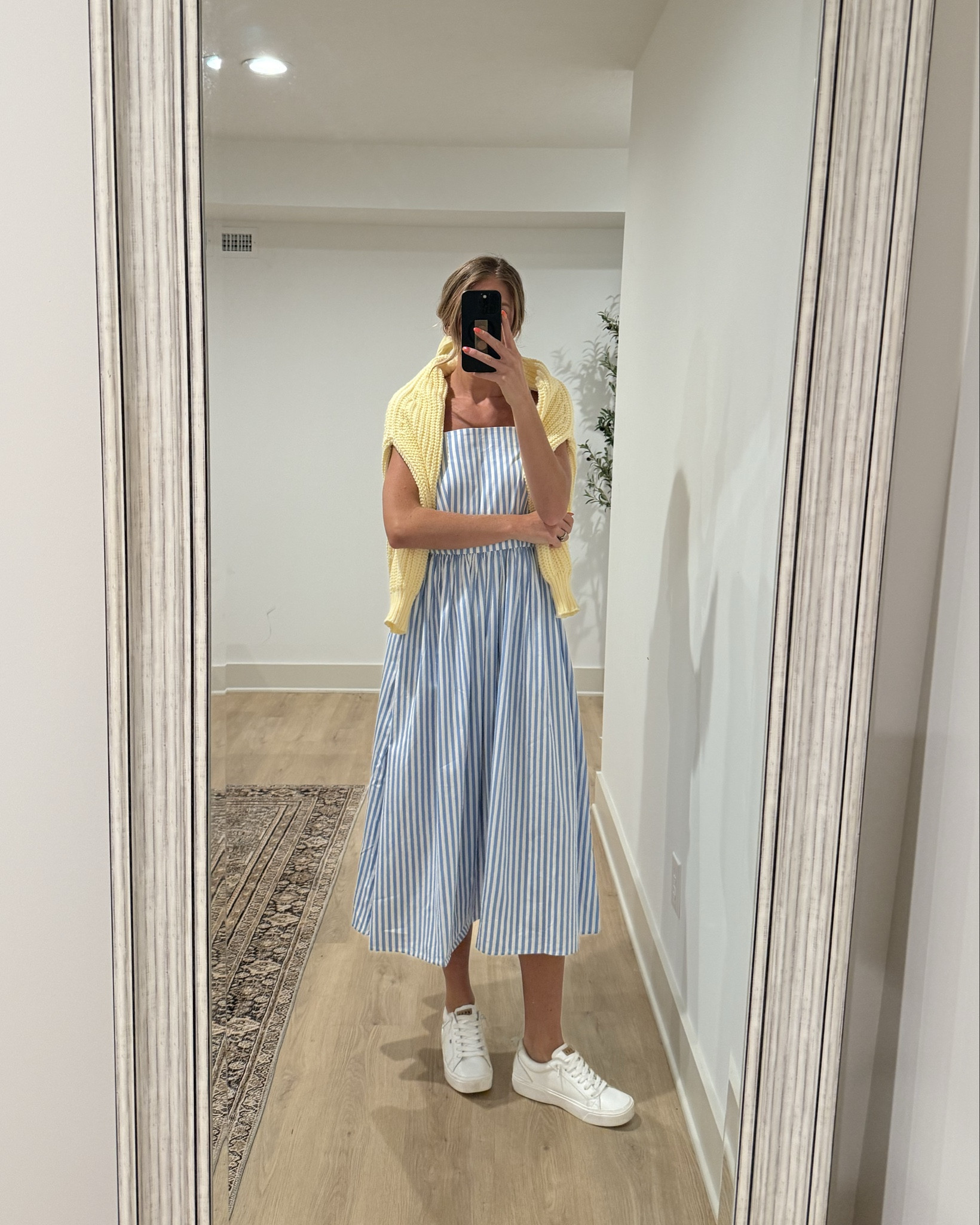 Ways to wear a blue striped dress for summer. I love this one from Walmart. Size down to small 
Small in cardigan
Sneakers are 20% off with TALLBLONDEBELL (the comfiest ever and arch support)

#LTKSummerEdit #LTKStyleTip #LTKFindsUnder50