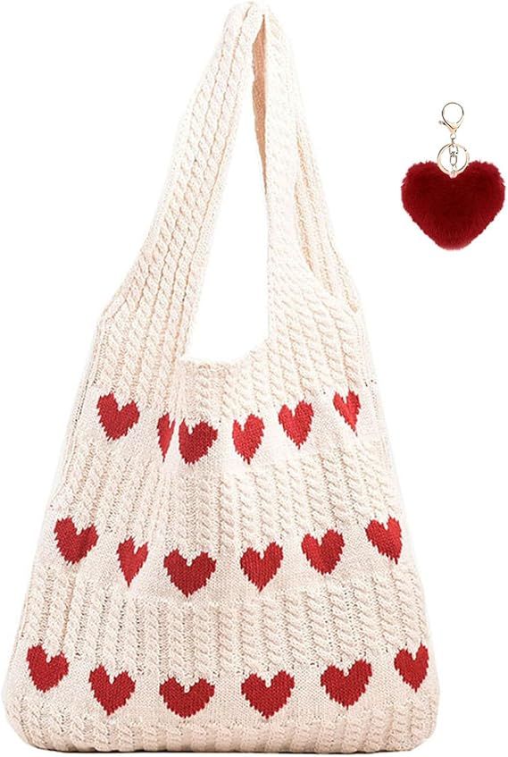 Aiyify Crochet Tote Bag Heart Tote Bag Y2k Aesthetic Knit Love Bags Beach Tote Bag Hippie Bag for... | Amazon (US)