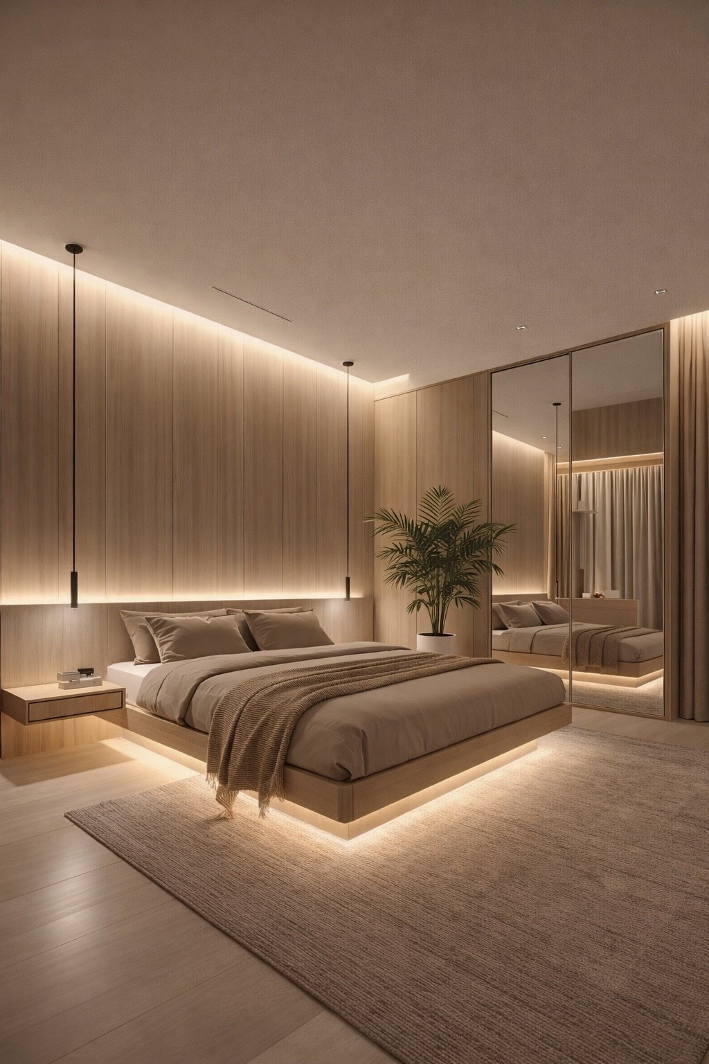 Modern minimalist bedroom with warm LED lighting, soft neutral tones and a low platform bed. Clean architectural lines, hidden lighting and calming beige textures create a peaceful luxury interior perfect for modern homes and apartments.

#modernbedroom #minimalistbedroom #luxurybedroom #warmminimalism #neutralinterior #ledlighting #bedroomdesign #modernhome #interiordesign #pinteresthome #aestheticroom #calmhome