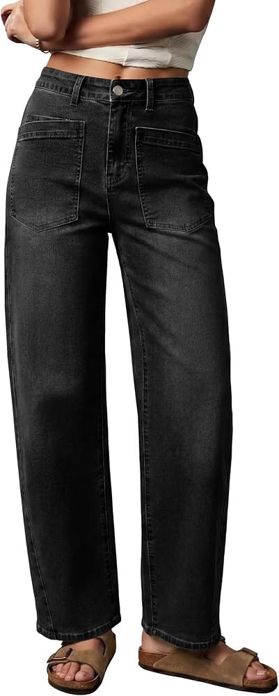 Barrel Jeans for Women Trendy High Waisted Stretchy Wide Leg Jeans Baggy Denim Pants with Pockets | Amazon (US)
