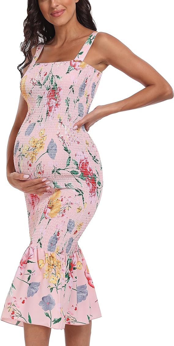 Summer Floral Midi Tank Maternity Dress, Sleeveless Strappy Ruffle Hem Smocked Bodycon Baby Showe... | Amazon (US)