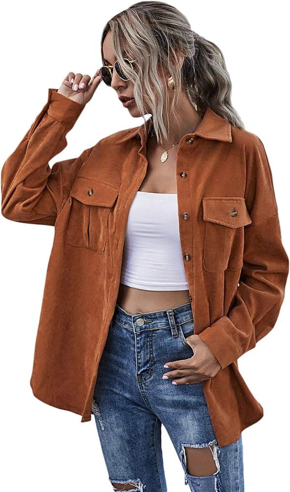 Women's Flap Pocket Button Front Long Sleeve Corduroy Jacket Coat | Amazon (US)
