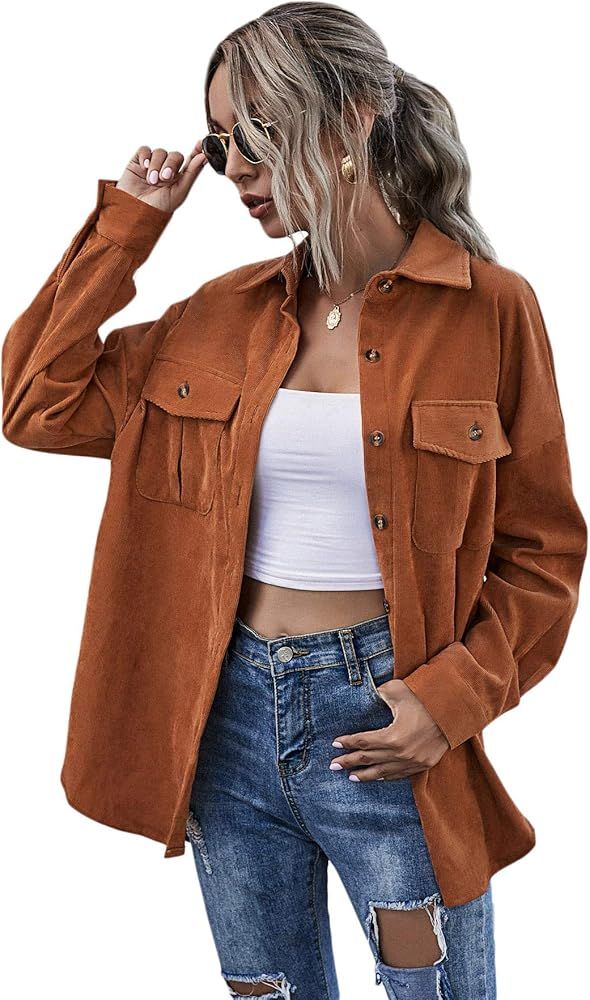 Women's Flap Pocket Button Front Long Sleeve Corduroy Jacket Coat | Amazon (US)