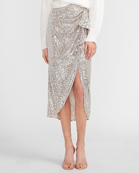 High Waisted Sequin Wrap Midi Skirt | Express