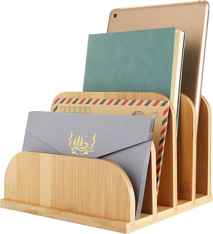 BAMTALK Mail Organizer Countertop Paper File Organizer for Desk, 4 Slots Bamboo Desktop File Orga... | Amazon (US)