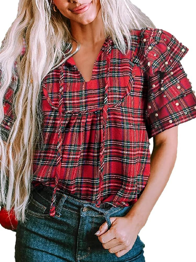 KevaMolly Womens Halloween Christmas T Shirts Plaid Pearl Ruffle Short Sleeve Loose T Shirt Casua... | Amazon (US)