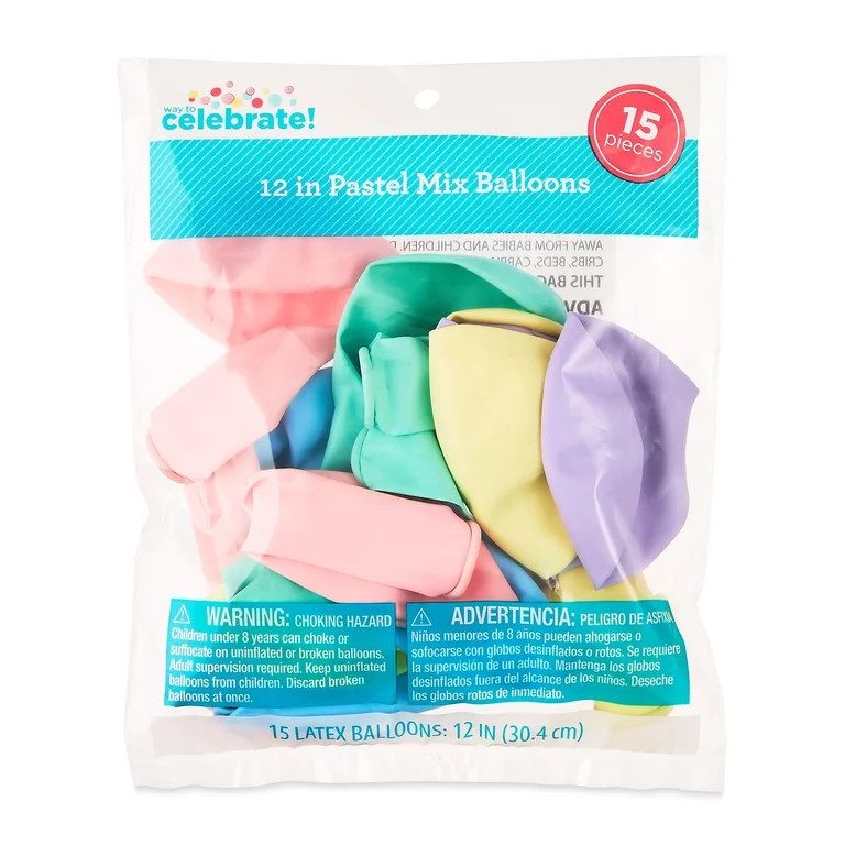 12" Pastel Mix Latex Balloons, 15 Pieces, by Way To Celebrate | Walmart (US)