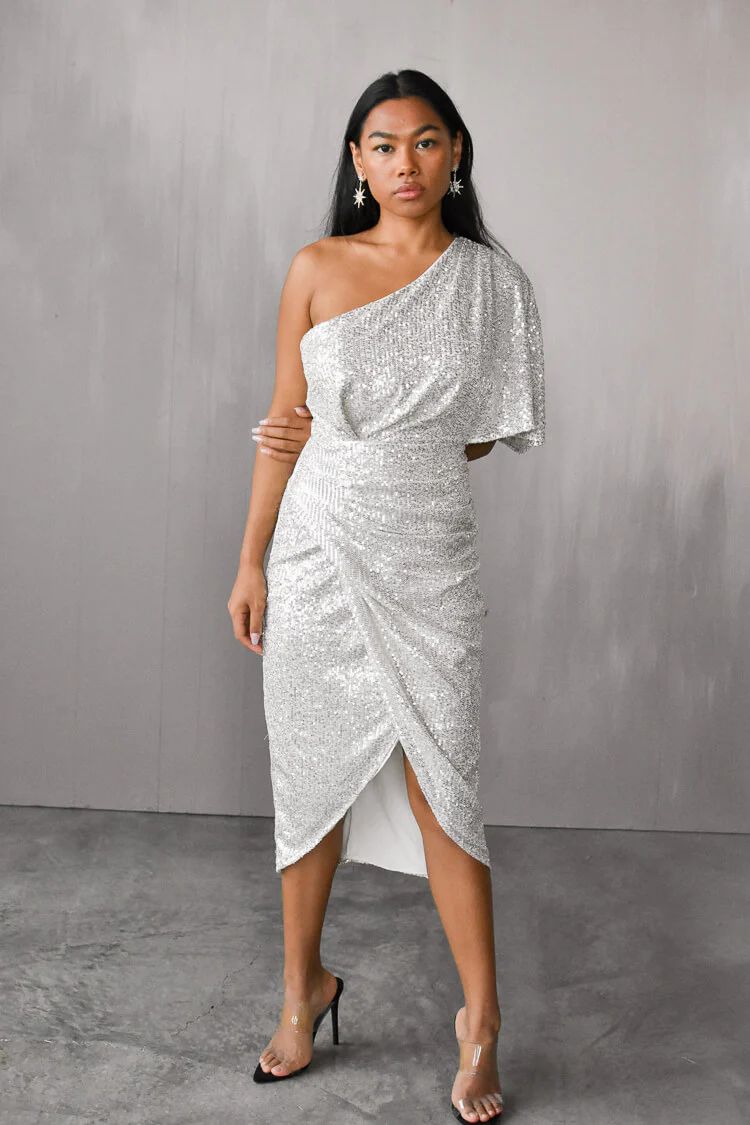 Gemma One Shoulder Silver Midi Dress | Confête