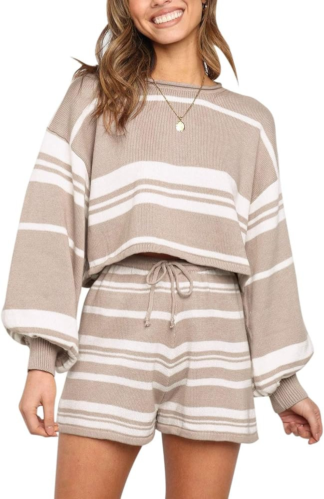 ZESICA Women's Casual Long Sleeve Solid Color Knit Pullover Sweatsuit 2 Piece Short Sweater Outfits  | Amazon (US)