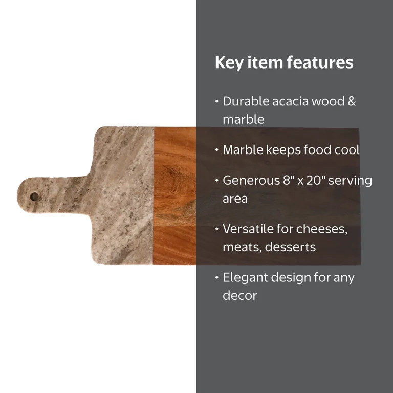 Better Homes & Gardens Natural Marble and Acacia Wood 8" x 20" Rectangle Charcuterie Board with H... | Walmart (US)