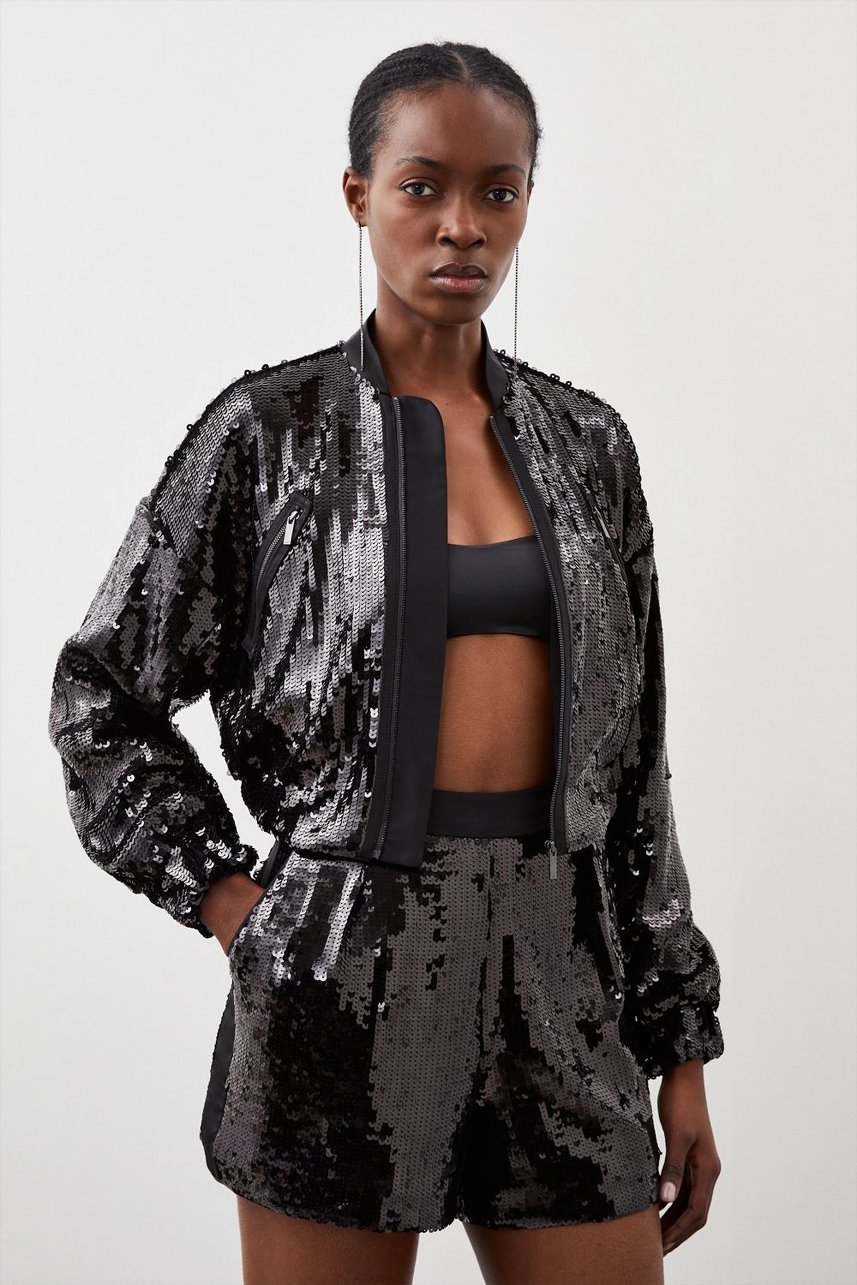 Back Sequin High Waisted Woven Shorts | Karen Millen UK + IE + DE + NL