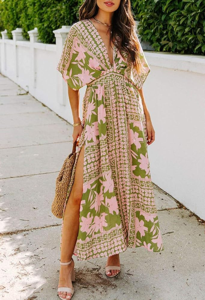 Pink Wind Women's V Neck Summer Maxi Dress Casual Loose Side Slit Party Long Beach Dress | Amazon (US)