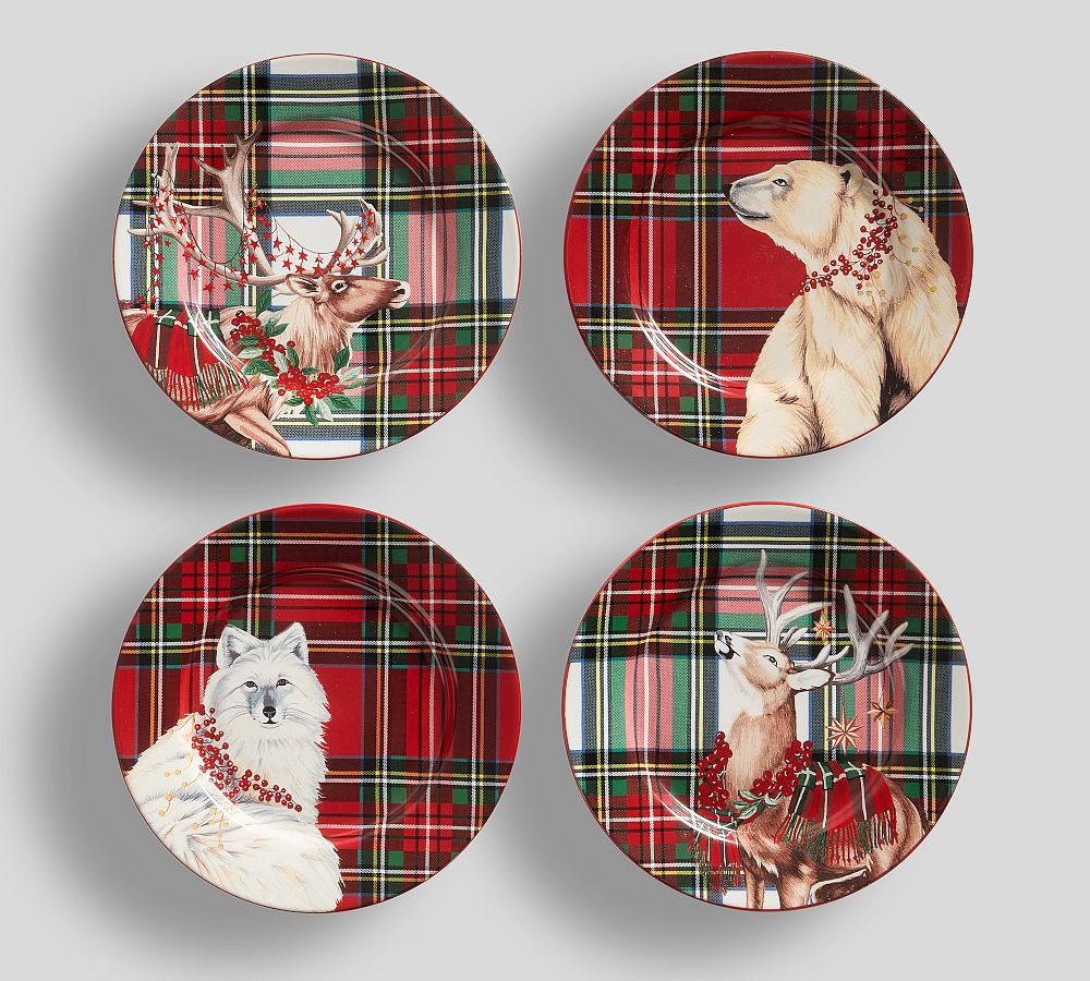 Enchanted Forest & Stewart Plaid Stoneware Appetizer Plates - Mixed Set of 4 | Pottery Barn (US)