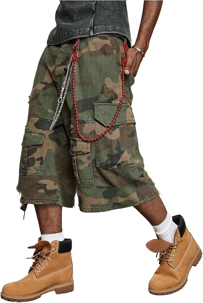 WDIRARA Men's Camo Cargo Denim Shorts Baggy Jorts Ripped Wide Leg Capri Jeans Streetwear | Amazon (US)